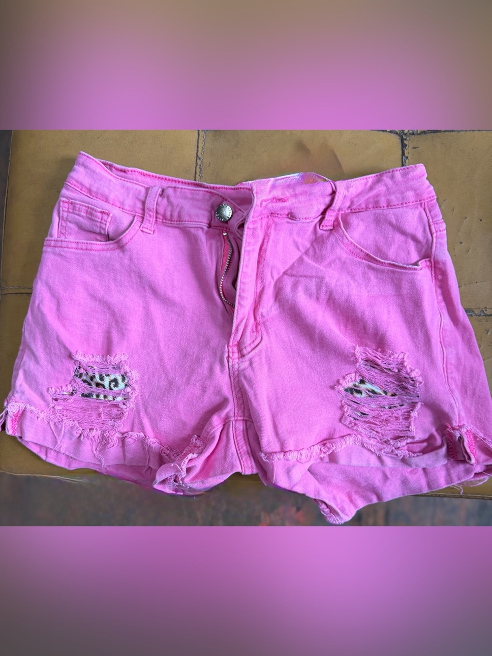 Pink Distressed Denim Jean Shorts with Leopard Underlay